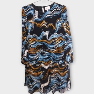 Nine‎ West Womens Dress Sz 14 Pleated Mod 70s Trend Style Chiffon Swirl Black